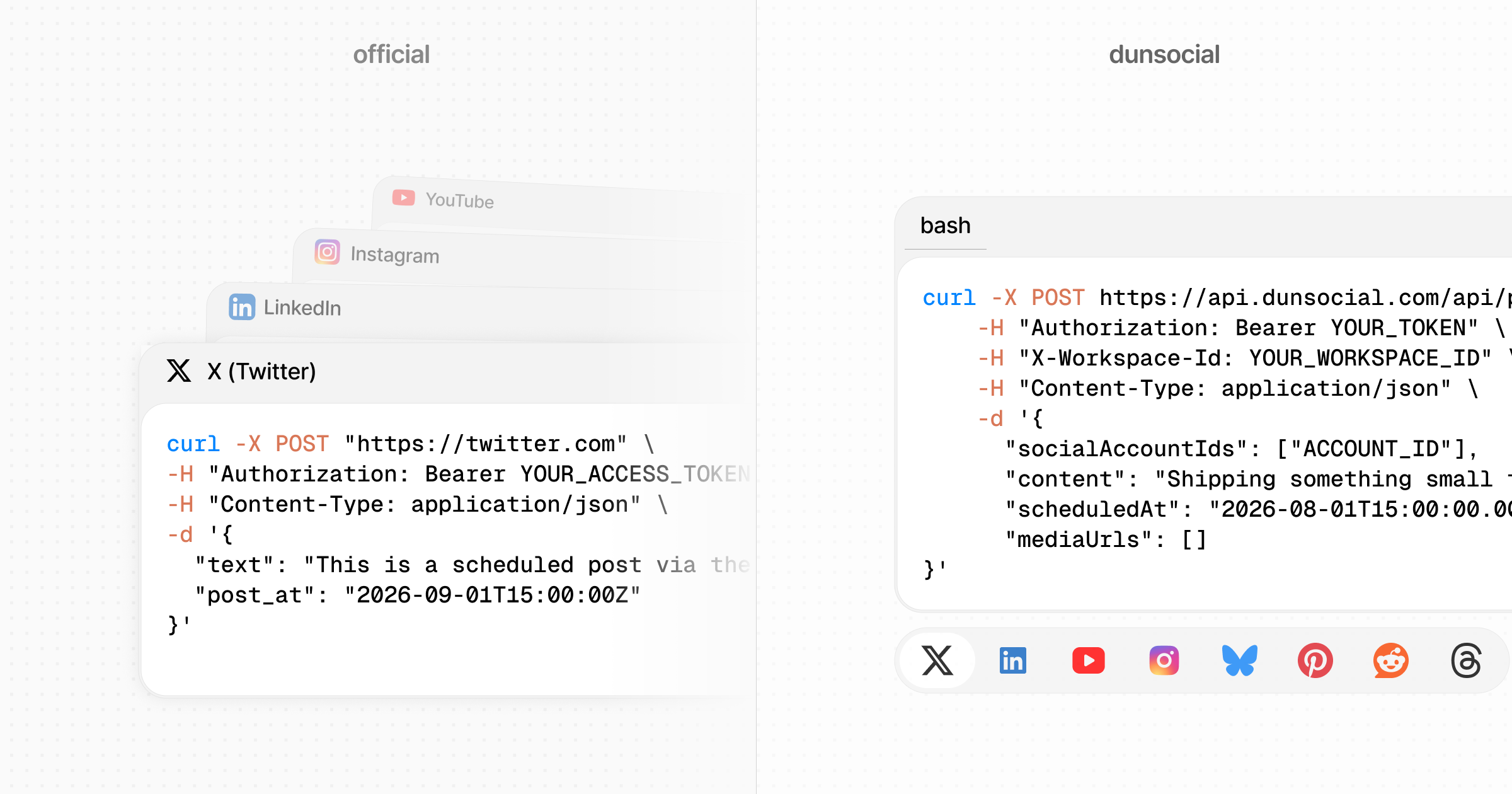 Official social network APIs compared with 1 unified DunSocial publishing API