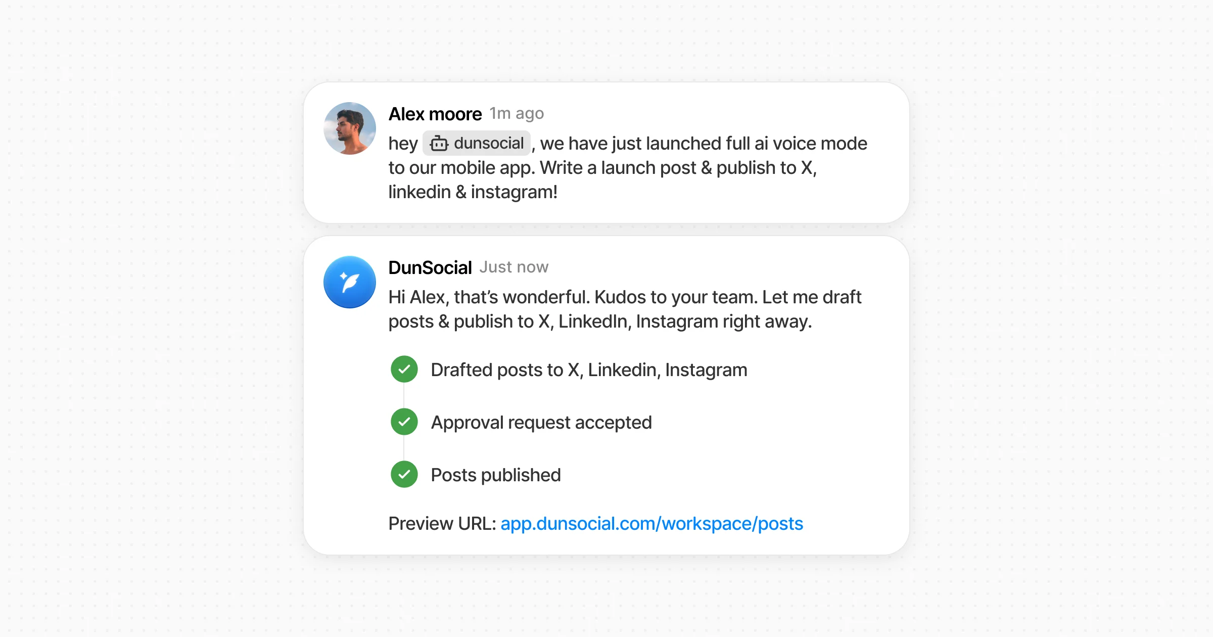 Buzz conversation turned into published social posts with DunSocial